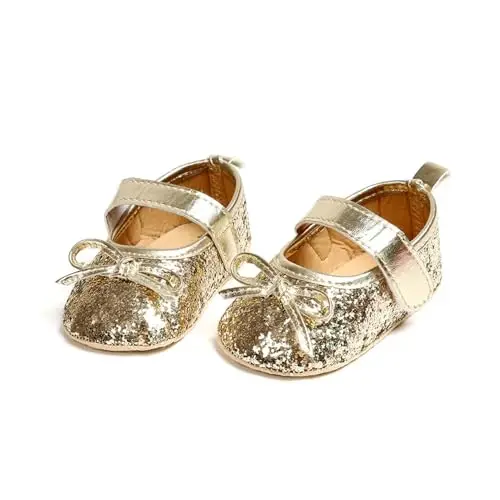 HONGTEYA Infant Baby Girls Mary Jane Flats Yurishni endi boshlagan qizaloqlar uchun sirpanmaydigan, yumshoq taglikli PU charm poyabzal, krovat poyabzali, krossovkasi, to'y, Rojdestvo malika ko'ylagi poyabzali, chaqaloq mokasinlari - 5
