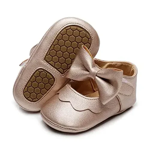 HONGTEYA Infant Baby Girls Mary Jane Flats Yurishni endi boshlagan qizaloqlar uchun sirpanmaydigan, yumshoq taglikli PU charm poyabzal, to'y, Rojdestvo malika ko'ylagi poyabzali, chaqaloq mokasinlari - HONGTEYA