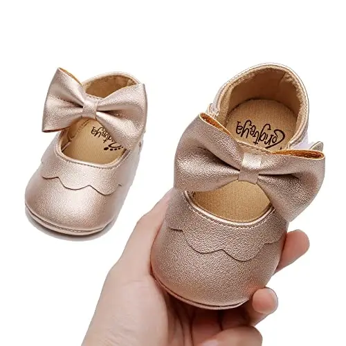 HONGTEYA Infant Baby Girls Mary Jane Flats Yurishni endi boshlagan qizaloqlar uchun sirpanmaydigan, yumshoq taglikli PU charm poyabzal, to'y, Rojdestvo malika ko'ylagi poyabzali, chaqaloq mokasinlari - 3