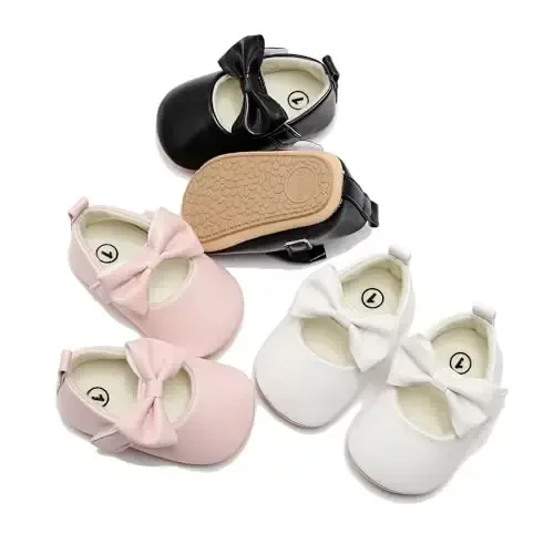 HONGTEYA Infant Baby Girls Mary Jane Flats Yurishni endi boshlagan qizaloqlar uchun sirpanmaydigan, yumshoq taglikli PU charm poyabzal, to'y ziyofati Rojdestvo malika ko'ylagi poyabzali Baby Moccasins Girls - 5