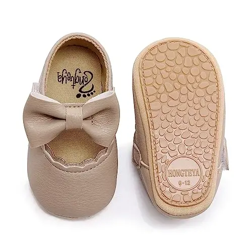 HONGTEYA Infant Baby Girls Mary Jane Flats Yurishni endi boshlagan qizaloqlar uchun sirpanmaydigan, yumshoq taglikli PU charmidan tikilgan to'y, Rojdestvo, malika ko'ylaklari uchun krossovkali krovat poyabzallari, chaqaloq mokasinlari - 3