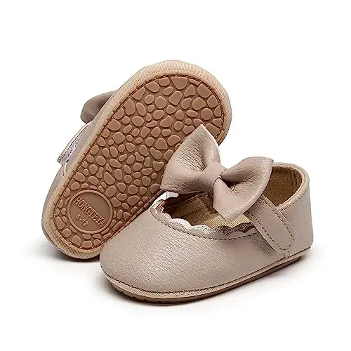 HONGTEYA Infant Baby Girls Mary Jane Flats Yurishni endi boshlagan qizaloqlar uchun sirpanmaydigan, yumshoq taglikli PU charmidan tikilgan to'y, Rojdestvo, malika ko'ylaklari uchun krossovkali krovat poyabzallari, chaqaloq mokasinlari - 4