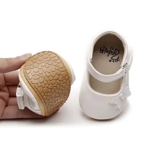 HONGTEYA Infant Baby Girls Mary Jane Flats Yurishni endi boshlagan qizaloqlar uchun sirpanmaydigan, yumshoq taglikli PU teri beshik poyabzali Sneaker To'y, Rojdestvo malika ko'ylagi poyabzali Kichkintoy mokasinlari qizlar uchun - 3