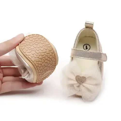 HONGTEYA Infant Baby Girls Mary Jane Flats Yuruvchi birinchi qadamlar uchun sirpanmaydigan taglikli, yumshoq PU charm bolalar krovat poyafzallari, krossovkalar, to'y, Rojdestvo malika ko'ylak poyafzallari, bolalar mokasinlari qizlar uchun - 3