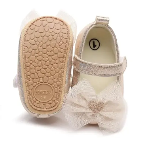 HONGTEYA Infant Baby Girls Mary Jane Flats Yuruvchi birinchi qadamlar uchun sirpanmaydigan taglikli, yumshoq PU charm bolalar krovat poyafzallari, krossovkalar, to'y, Rojdestvo malika ko'ylak poyafzallari, bolalar mokasinlari qizlar uchun - 2