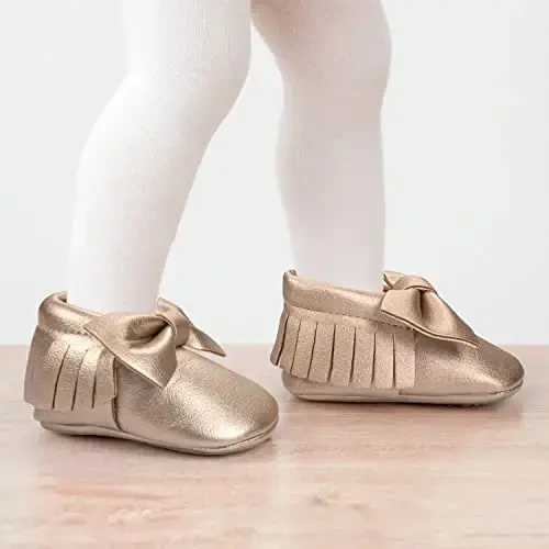 HONGTEYA Baby Moccasins with Rubber Sole&Soft Sole - Flower Print PU Leather Tassel Bow Girls Ballet Dress Shoes for Toddler - 2