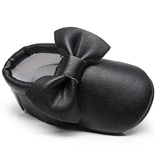 HONGTEYA Baby Moccasins with Rubber Sole&Soft Sole - Flower Print PU Leather Tassel Bow Girls Ballet Dress Shoes for Toddler - 6