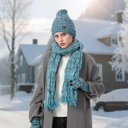 Honnesserry Qishki iliq shapka sharf va ayollar uchun sensorli ekranli qo'lqoplar to'plami bosh suyagi qopqoqlari Fleece bilan qoplangan bo'yin sharflari - 5