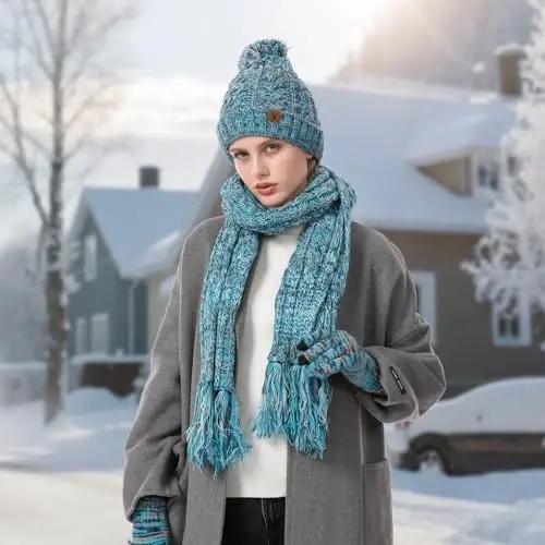 Honnesserry Winter Warm Beanie Hat Scarf and Touchscreen Gloves Set for Womens Skull Caps Neck Scarves with Fleece Lined - 5