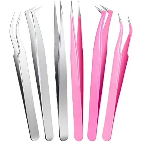 Honoson 6 Pieces Lash Eyelash Extension Tweezers Set Stainless Steel Eyelash Tweezers Straight and Curved Tip Tools Set Tweezers Nipper for Women Eyelash Extensions(Silver, Pink) - 1