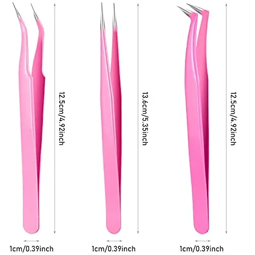 Honoson 6 Pieces Lash Eyelash Extension Tweezers Set Stainless Steel Eyelash Tweezers Straight and Curved Tip Tools Set Tweezers Nipper for Women Eyelash Extensions(Silver, Pink) - 2