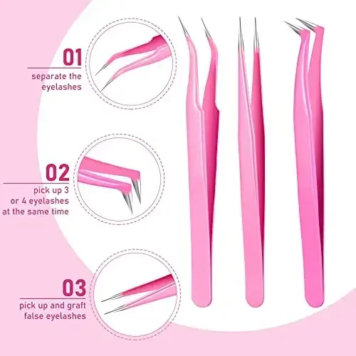 Honoson 6 Pieces Lash Eyelash Extension Tweezers Set Stainless Steel Eyelash Tweezers Straight and Curved Tip Tools Set Tweezers Nipper for Women Eyelash Extensions(Silver, Pink) - 3