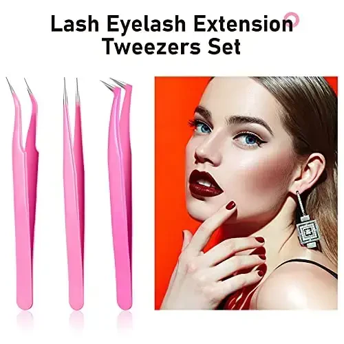 Honoson 6 Pieces Lash Eyelash Extension Tweezers Set Stainless Steel Eyelash Tweezers Straight and Curved Tip Tools Set Tweezers Nipper for Women Eyelash Extensions(Silver, Pink) - 5