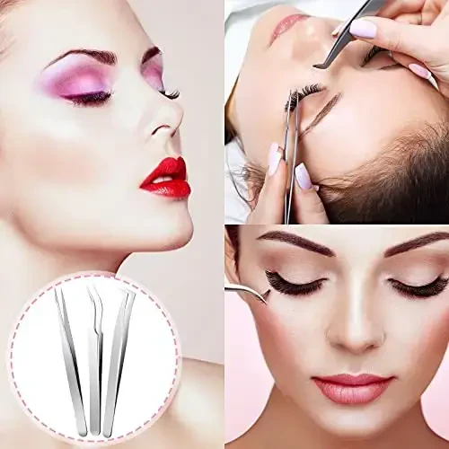 Honoson 6 Pieces Lash Eyelash Extension Tweezers Set Stainless Steel Eyelash Tweezers Straight and Curved Tip Tools Set Tweezers Nipper for Women Eyelash Extensions(Silver, Pink) - 6