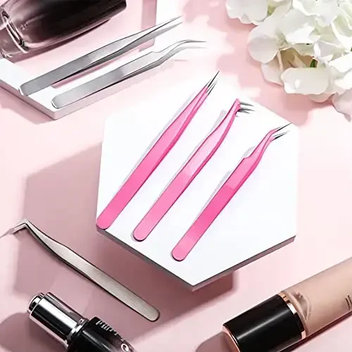 Honoson 6 Pieces Lash Eyelash Extension Tweezers Set Stainless Steel Eyelash Tweezers Straight and Curved Tip Tools Set Tweezers Nipper for Women Eyelash Extensions(Silver, Pink) - 7