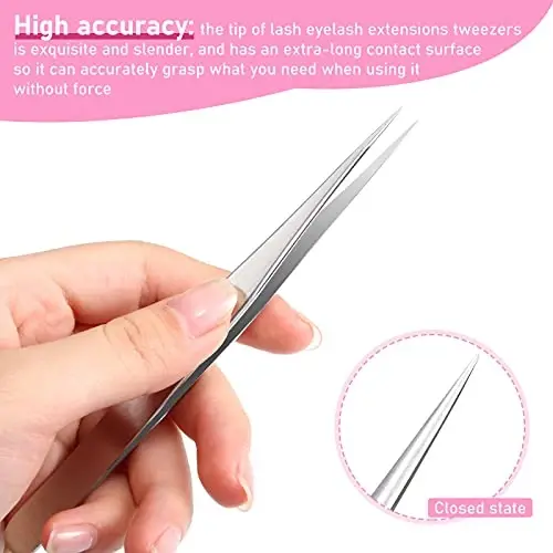 Honoson 6 Pieces Lash Eyelash Extension Tweezers Set Stainless Steel Eyelash Tweezers Straight and Curved Tip Tools Set Tweezers Nipper for Women Eyelash Extensions(Silver, Pink) - 4