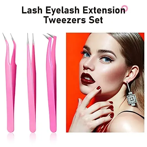 Honoson 6 Pieces Lash Eyelash Extension Tweezers Set Stainless Steel Eyelash Tweezers Straight and Curved Tip Tools Set Tweezers Nipper for Women Eyelash Extensions(Silver, Pink) - 5