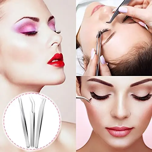 Honoson 6 Pieces Lash Eyelash Extension Tweezers Set Stainless Steel Eyelash Tweezers Straight and Curved Tip Tools Set Tweezers Nipper for Women Eyelash Extensions(Silver, Pink) - 6