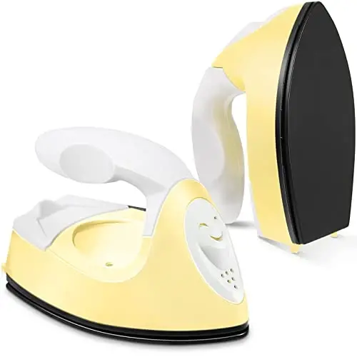 Honoson Mini Craft Iron Mini Heat Press Small Iron 3.93 x 2.36 x 2.76 in Portable Handy Tiny Flatiron with Charging Base Accessory for Fuse Bead Patch DIY Heat Transfer Vinyl(Light Yellow) 