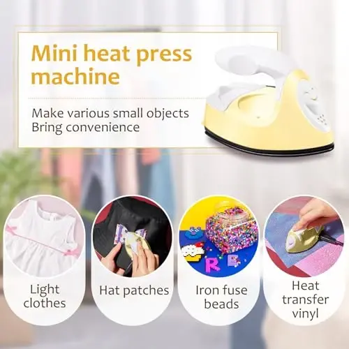 Honoson Mini Craft Iron Mini Heat Press Small Iron 3.93 x 2.36 x 2.76 in Portable Handy Tiny Flatiron with Charging Base Accessory for Fuse Bead Patch DIY Heat Transfer Vinyl(Light Yellow) - 5