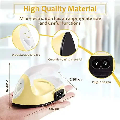 Honoson Mini Craft Iron Mini Heat Press Small Iron 3.93 x 2.36 x 2.76 in Portable Handy Tiny Flatiron with Charging Base Accessory for Fuse Bead Patch DIY Heat Transfer Vinyl(Light Yellow) - 2