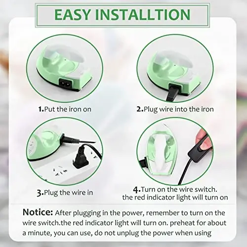 Honoson Mini Craft Iron Mini Heat Press Small Iron 3.93 x 2.36 x 2.76 in Portable Handy Tiny Flatiron with Charging Base Accessory for Fuse Bead Patch DIY Heat Transfer Vinyl(Light Green) - 3