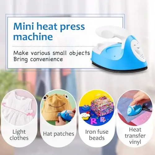 Honoson Mini Craft Iron Mini Heat Press Small Iron 3.93 x 2.36 x 2.76 in Portable Handy Tiny Flatiron with Charging Base Accessory for Fuse Bead Patch DIY Heat Transfer Vinyl(Blue) - 5