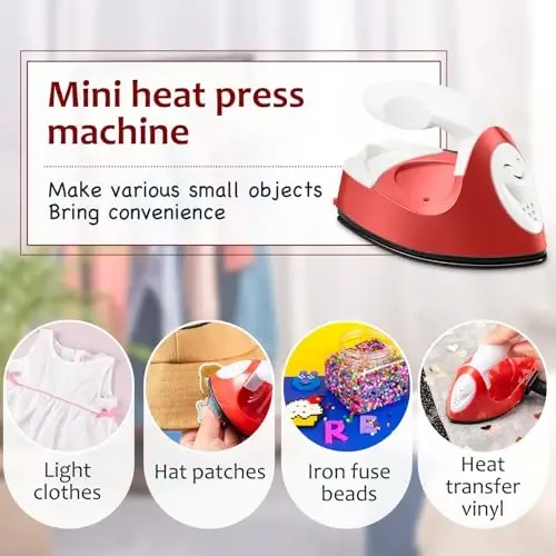 Honoson Mini Craft Iron Mini Heat Press Small Iron 3.93 x 2.36 x 2.76 in Portable Handy Tiny Flatiron with Charging Base Accessory for Fuse Bead Patch DIY Heat Transfer Vinyl(Red) - 5