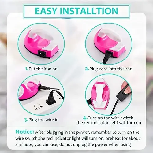 Honoson Mini Craft Iron Mini Heat Press Small Iron 3.93 x 2.36 x 2.76 in Portable Handy Tiny Flatiron with Charging Base Accessory for Fuse Bead Patch DIY Heat Transfer Vinyl(Pink) - 3