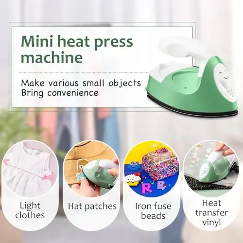 Honoson Mini Craft Iron Mini Heat Press Small Iron 3.93 x 2.36 x 2.76 in Portable Handy Tiny Flatiron with Charging Base Accessory for Fuse Bead Patch DIY Heat Transfer Vinyl(Green) - 5