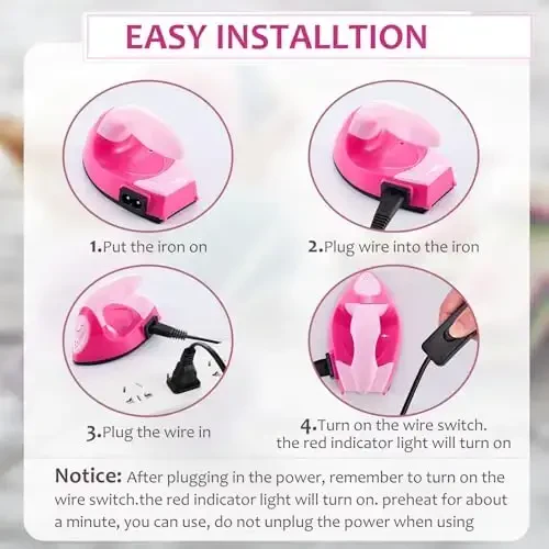 Honoson Mini Craft Iron Mini Heat Press Small Iron 3.93 x 2.36 x 2.76 in Portable Handy Tiny Flatiron with Charging Base Accessory for Fuse Bead Patch DIY Heat Transfer Vinyl(Pink, Light Pink) - 3