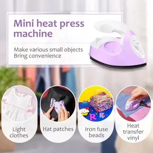 Honoson Mini Craft Iron Mini Heat Press Small Iron 3.93 x 2.36 x 2.76 in Portable Handy Tiny Flatiron with Charging Base Accessory for Fuse Bead Patch DIY Heat Transfer Vinyl(Light Purple) - 5