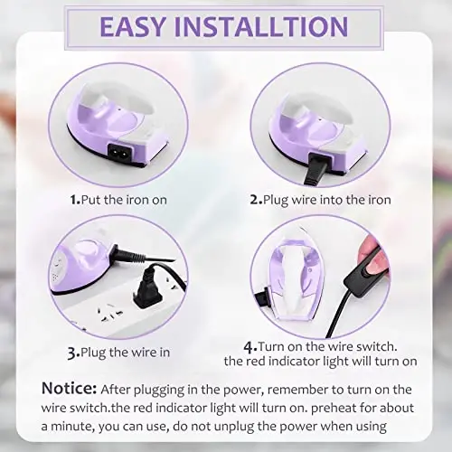 Honoson Mini Craft Iron Mini Heat Press Small Iron 3.93 x 2.36 x 2.76 in Portable Handy Tiny Flatiron with Charging Base Accessory for Fuse Bead Patch DIY Heat Transfer Vinyl(Light Purple) - 3