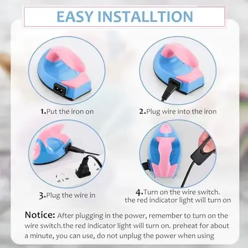 Honoson Mini Craft Iron Mini Heat Press Small Iron 3.93 x 2.36 x 2.76 In Portable Handy Tiny Flatiron with Charging Base Accessory for Fuse Bead Patch DIY Heat Transfer Vinyl(Dark Pink,Sky Blue) - 3