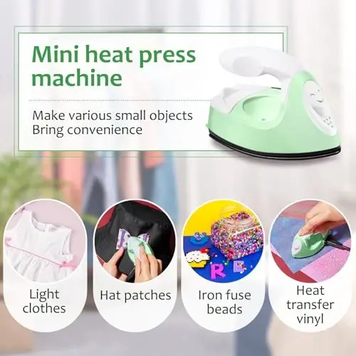 Honoson Mini Craft Iron Mini Heat Press Small Iron 3.93 x 2.36 x 2.76 in Portable Handy Tiny Flatiron with Charging Base Accessory for Fuse Bead Patch DIY Heat Transfer Vinyl(Light Green) - 5