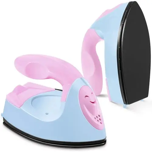 Honoson Mini Craft Iron Mini Heat Press Small Iron 3.93 x 2.36 x 2.76 in Portable Handy Tiny Flatiron with Charging Base Accessory for Fuse Bead Patch DIY Heat Transfer Vinyl(Light Pink, Light Blue) - 1