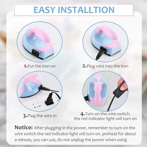 Honoson Mini Craft Iron Mini Heat Press Small Iron 3.93 x 2.36 x 2.76 in Portable Handy Tiny Flatiron with Charging Base Accessory for Fuse Bead Patch DIY Heat Transfer Vinyl(Light Pink, Light Blue) - 3