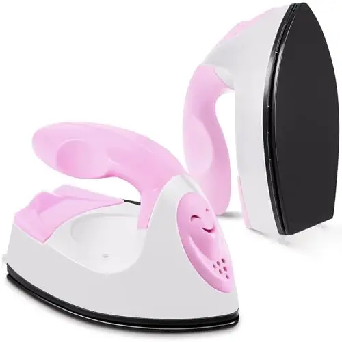 Honoson Mini Craft Iron Mini Heat Press Small Iron 3.93 x 2.36 x 2.76 in Portable Handy Tiny Flatiron with Charging Base Accessory for Fuse Bead Patch DIY Heat Transfer Vinyl(Light Pink,White) - 1