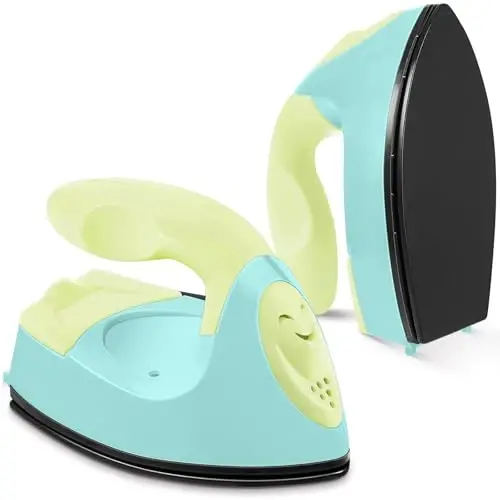 Honoson Mini Craft Iron Mini Heat Press Small Iron 3.93 x 2.36 x 2.76 In Portable Handy Tiny Flatiron with Charging Base Accessory for Fuse Bead Patch DIY Heat Transfer Vinyl(Light Yellow, Mint Green) - 1