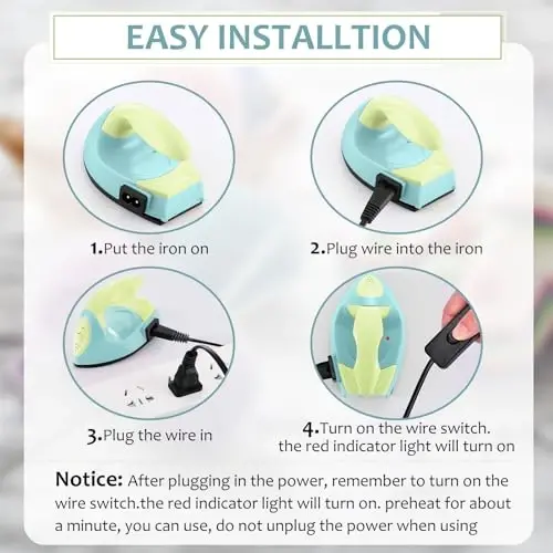 Honoson Mini Craft Iron Mini Heat Press Small Iron 3.93 x 2.36 x 2.76 In Portable Handy Tiny Flatiron with Charging Base Accessory for Fuse Bead Patch DIY Heat Transfer Vinyl(Light Yellow, Mint Green) - 3