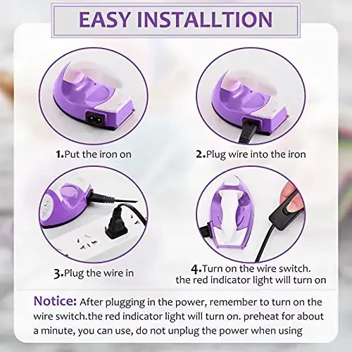 Honoson Mini Craft Iron Mini Heat Press Small Iron 3.93 x 2.36 x 2.76 in Portable Handy Tiny Flatiron with Charging Base Accessory for Fuse Bead Patch DIY Heat Transfer Vinyl(Purple) - 3