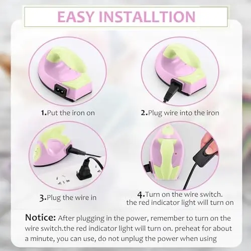 Honoson Mini Craft Iron Mini Heat Press Small Iron 3.93 x 2.36 x 2.76 Portable Tiny Flatiron with Charging Base Accessory for Fuse Bead Patch DIY Heat Transfer Vinyl (Light Yellow, Light Pink) - 4