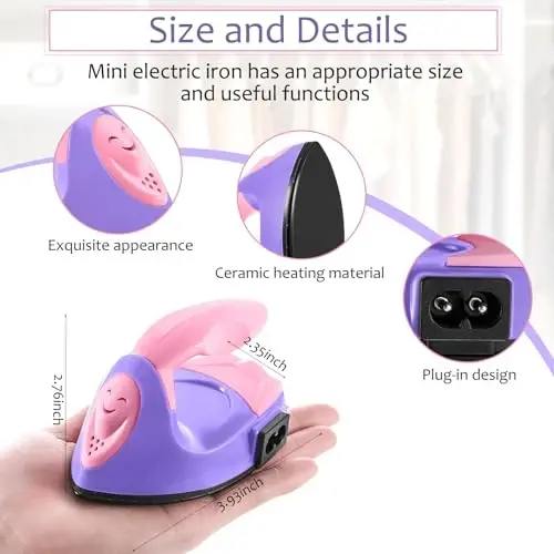 Honoson Mini Craft Iron Mini Heat Press Small Iron 3.93 x 2.36 x 2.76 Portable Tiny Flatiron with Charging Base Accessory for Fuse Bead Patch DIY Heat Transfer Vinyl(Dark Pink, Light Purple) - 2