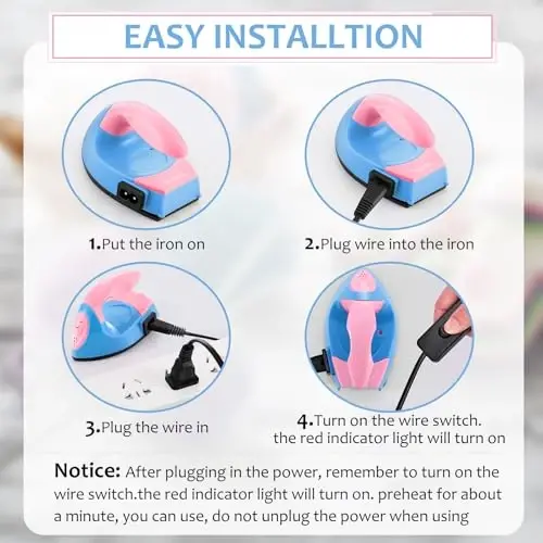 Honoson Mini Craft Iron Mini Heat Press Small Iron 3.93 x 2.36 x 2.76 In Portable Handy Tiny Flatiron with Charging Base Accessory for Fuse Bead Patch DIY Heat Transfer Vinyl(Dark Pink,Sky Blue) - 3