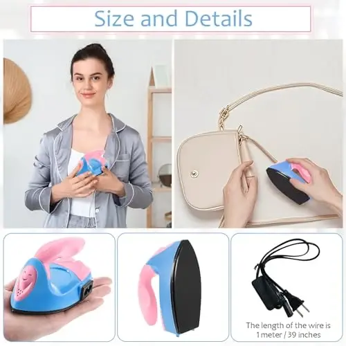 Honoson Mini Craft Iron Mini Heat Press Small Iron 3.93 x 2.36 x 2.76 in Portable Handy Tiny Flatiron with Charging Base Accessory for Fuse Bead Patch DIY Heat Transfer Vinyl(Dark Pink,Sky Blue) - 4