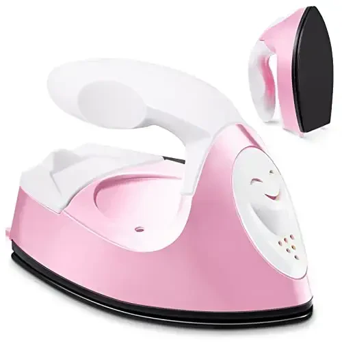 Honoson Mini Craft Iron Mini Heat Press Small Iron 3.93 x 2.36 x 2.76 in Portable Handy Tiny Flatiron with Charging Base Accessory for Fuse Bead Patch DIY Heat Transfer Vinyl(Light Pink) 