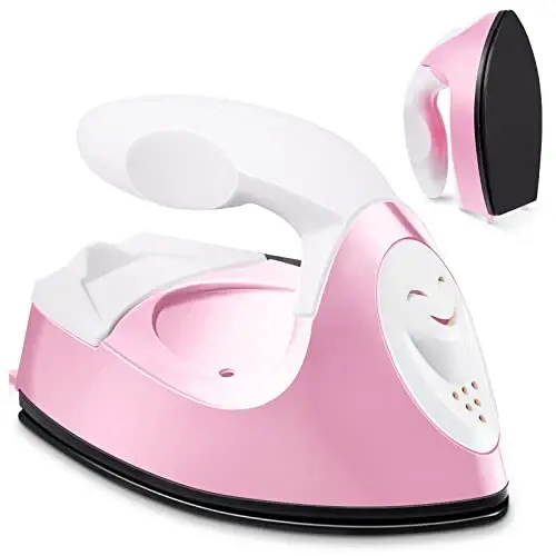 Honoson Mini Craft Iron Mini Heat Press Small Iron 3.93 x 2.36 x 2.76 in Portable Handy Tiny Flatiron with Charging Base Accessory for Fuse Bead Patch DIY Heat Transfer Vinyl(Light Pink) - 1