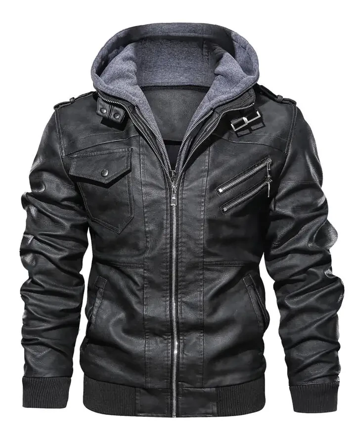 Hood Crew Men's Pu Faux Leather Jacket with Removable Hood Black L - 8