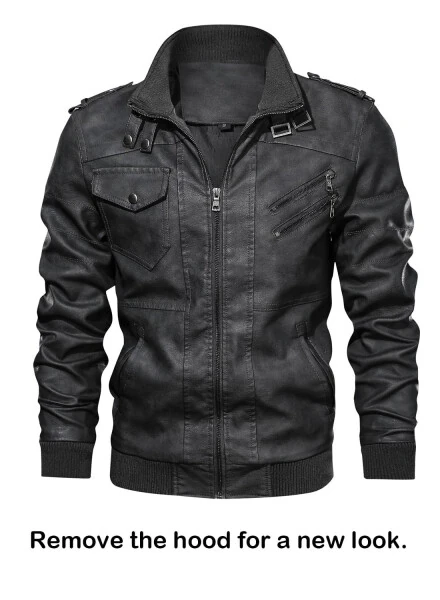 Hood Crew Men's Pu Faux Leather Jacket with Removable Hood Black L - 10