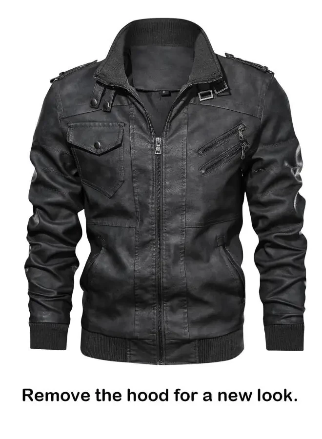 Hood Crew Men's Pu Faux Leather Jacket with Removable Hood Black L - 10